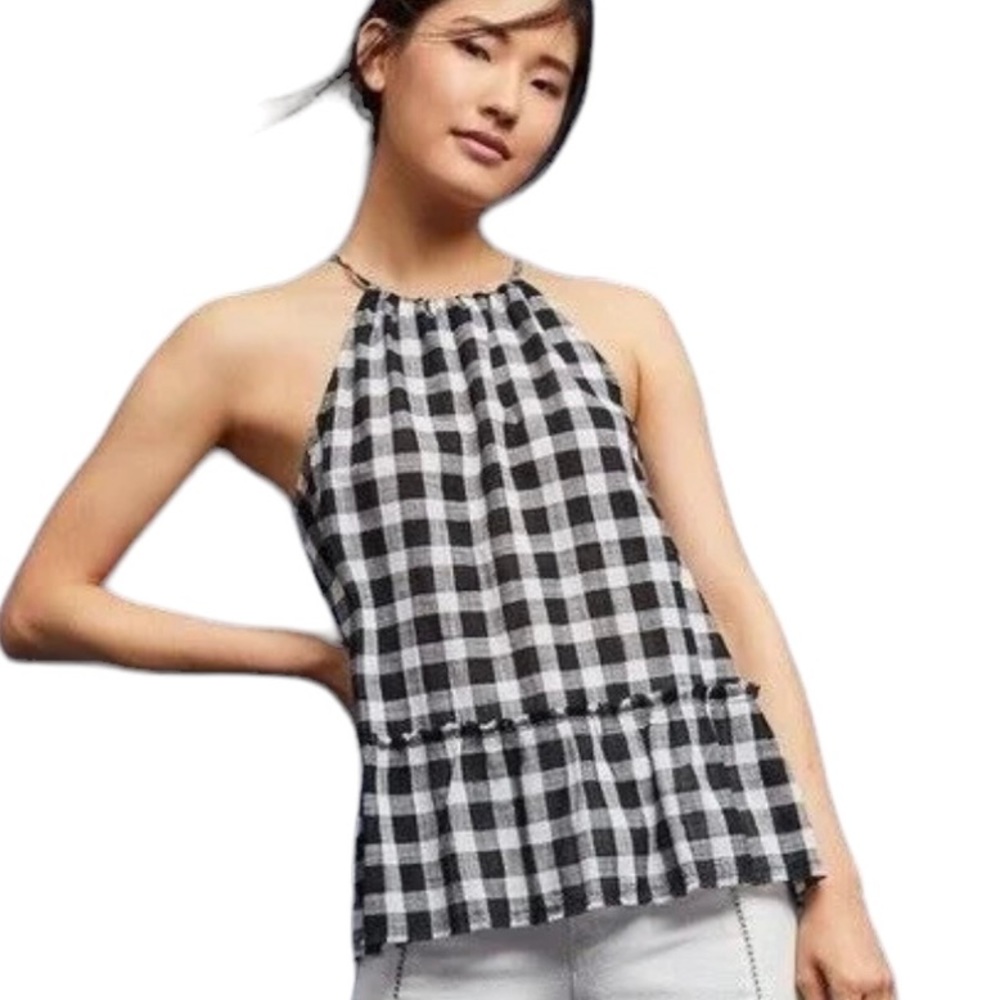 Anthropologie Cloth & Stone Black White Gingham Check Ruffle Halter Tank Top - S